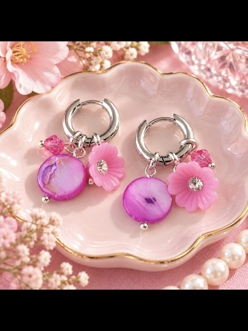 Stainelss  Hoop Pink Flower Acrylic  And Mother Of Pearl  Charm Earrings